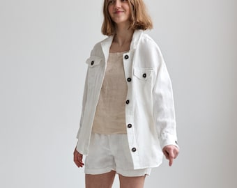 Heavy linen jacket women, utility jacket with cargo pockets, ethical fashion shirt jacket, button up shirt GOGO