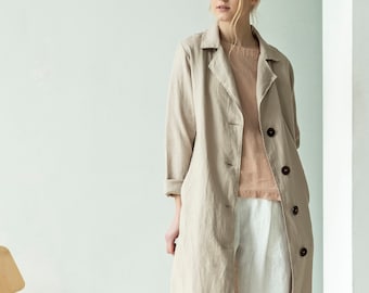 Leinen Trenchcoat Damen, Leinen Mantel für Frauen, Leinen Duster, Vintage Trenchcoat LEO