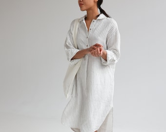 Linen shirt dress, loose linen dress with pockets, linen shirtdress with slits, oversize linen tunic dress, midi linen dress CREME