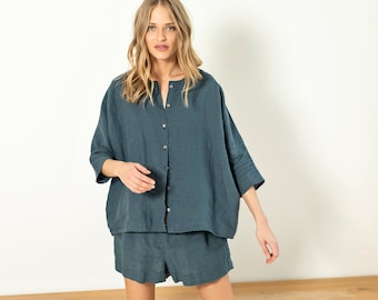 Loose linen top with 3/4 kimono sleeves, button-down linen shirt, linen kimono top, crew-neck oversize linen top, casual linen shirt SMILES