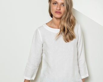 Crew-neck linen blouse with 3/4 sleeves, long-sleeve linen top, minimalist linen blouse for women, simple linen blouse ACCORD