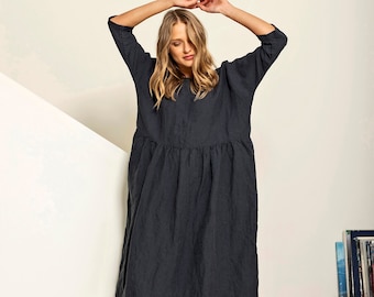 Ruffled linen dress, A line midi dress with pockets, oversize linen dress, gathered linen dress, plus size dress, linen tunic dress SIEMPRE