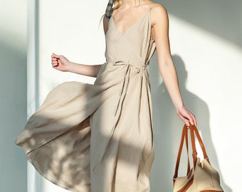 Linen wrap dress, linen maxi dress for wedding guest, linen sundress women, linen slip dress STELLA