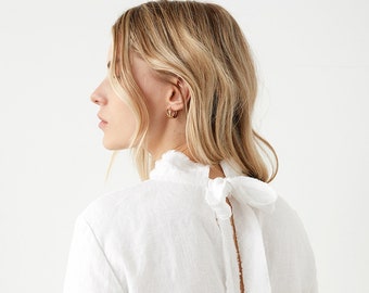 Size: S; Ready to ship Mock neck linen blouse, Edwardian blouse, Victorian blouse, ruffle collar blouse, linen shirt women ANNY
