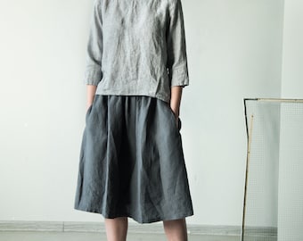 Gathered linen skirt with pockets, A-line linen skirt, midi linen skirt, high waist linen skirt MEMORY