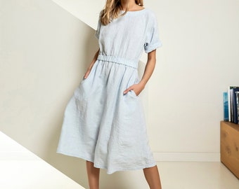 Linen midi dress with elastic waist, loose fit linen dress with crew neck and drop shoulders, A line linen dress, simple linen dress FORTUNE