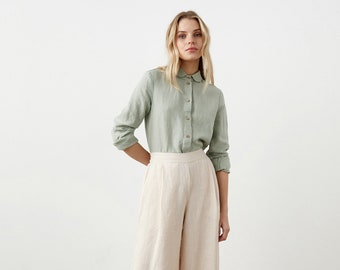 Size: S/M. Ready to ship Peter Pan collar linen shirt women, button up shirt, ethical fashion linen top, work shirt, linen blouse LUCCA