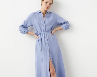 Linen shirt dress, linen A-line dress, linen maxi dress with pockets, loose fit kaftan, button-down linen dress, linen tunic dress ALLEY