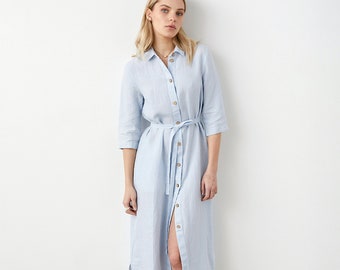 Linen shirt dress, button-down linen dress, midi linen dress with pockets, loose fit kaftan, linen tunic dress RIVIERA