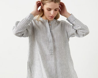 Light-linen shirt with hidden button placket, loose-fit shirt for women, button-up linen top with deep slits, vacation linen shirt PHI