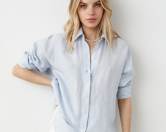 Loose linen shirt with wide cuffs, oversize linen shirt, buttoned linen shirt for women, casual linen shirt with classic collar SEATTLE