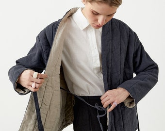 Veste matelassée avec poches, veste kimono en lin pour femme, manteau matelassé, veste utilitaire réversible QUINCE