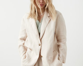 Blazer de lino pesado, chaqueta de lino de gran tamaño para mujer, chaqueta con botones cuadrados y solapas clásicas GALES