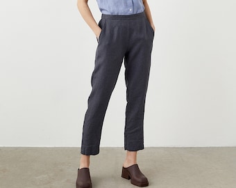 Tapered linen pants with pockets, cropped linen trousers, linen pants for women LATTE