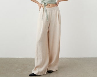 Schwere Leinen Palazzohose, weitbeinige Leinenhose mit Taschen, lange Leinenhose, Boho Leinenhose SPRING