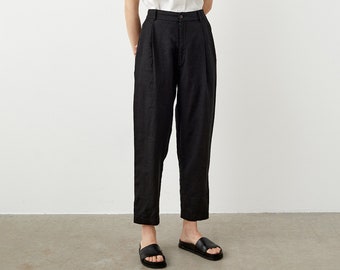 Pantalon fuselé en lin avec poches, pantalon taille haute en lin pour femme, pantalon plissé avec fermeture éclair PRUNE