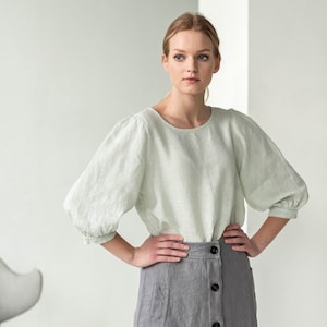 Size: M Ready to ship, Balloon sleeve linen blouse, puffy sleeve linen top, loose-fit women blouse, linen shirt women POET image 1