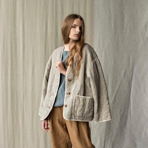 Size: S/M; Ready-to-ship Quilted jacket with pockets, heavy linen jacket women, reversible jacket, quilted coat MARSHMALLOW