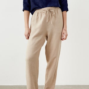 Tapered Linen Pants for Women, Linen Trousers With Pockets, Elastic ...