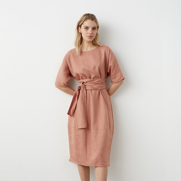 Loose fit dress with kimono sleeves, elegant linen tunic with belt, midi linen dress with pockets, egg-silhouette linen dress LUCKY