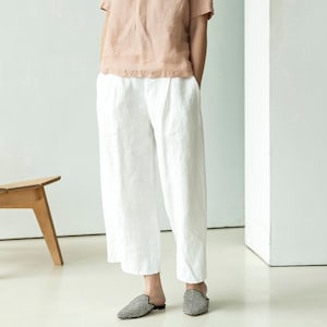 Wide-leg heavy-linen palazzo pants, linen culottes with pockets, cropped linen trousers, pleated linen trousers LIME image 6