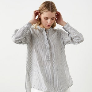 Light-linen shirt with hidden button placket, loose-fit shirt for women, button-up linen top with deep slits, vacation linen shirt PHI