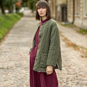 Quilted linen jacket, linen padded coat with pockets, warm linen cardigan, fashionable winter coat, reversible jacket, padded coat TAIGA