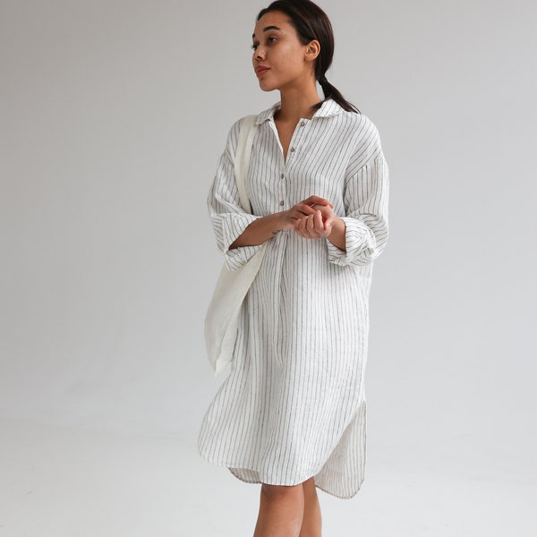 Linen shirt dress, loose linen dress with pockets, linen shirtdress with slits, oversize linen tunic dress, midi linen dress CREME