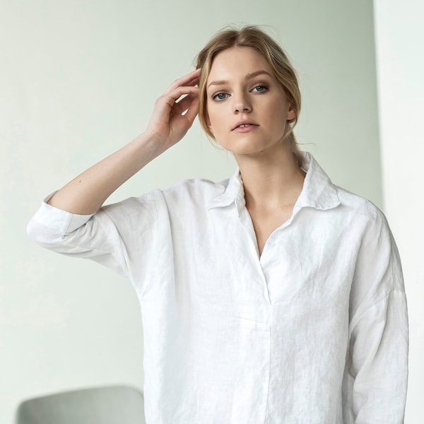 Loose-fit linen blouse with V-neck, 3/4 sleeve linen blouse, vacation linen top, casual linen shirt, linen tunic with cutaway collar WEAVE