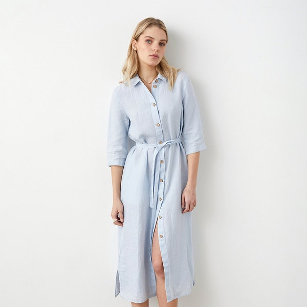 Linen shirt dress, button-down linen dress, midi linen dress with pockets, loose fit kaftan, linen tunic dress RIVIERA