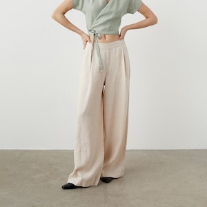 Heavy linen palazzo trousers, wide leg linen pants with pockets, long linen pants, boho linen trousers SPRING image 1