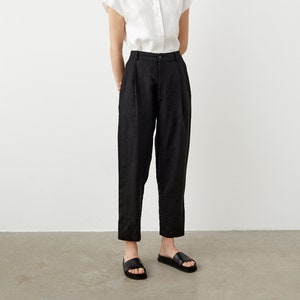 Tapered Linen Pants With Pockets, High Waisted Linen Trousers for Women, Pleated  Pants With Zipper PLUM 