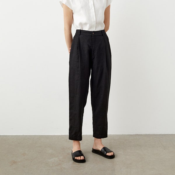 Tapered linen pants with pockets, high waisted linen trousers for women, pleated pants with zipper PLUM