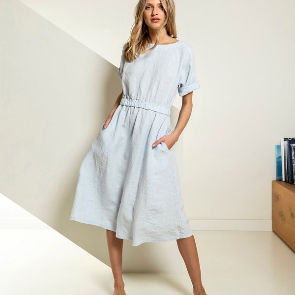 Linen midi dress with elastic waist, loose fit linen dress with crew neck and drop shoulders, A line linen dress, simple linen dress FORTUNE