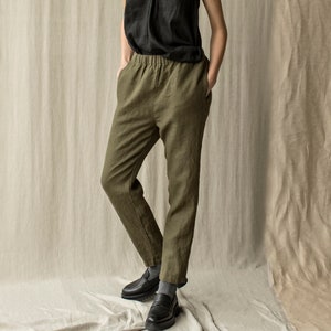 Heavy linen tapered pants with pockets, long linen trousers, linen pants with elastic waist MILLENNIUM