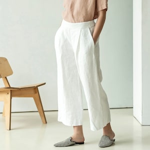 Wide-leg heavy-linen palazzo pants, linen culottes with pockets, cropped linen trousers, pleated linen trousers LIME image 5