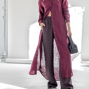 Wide-leg linen pants, elastic waist trousers with pockets, loose-leg linen pants, straight-cut linen trousers for women BARLEY