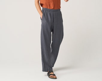 Straight leg linen pants for men with elastic waist, wide leg linen trousers, leisure pants DOT