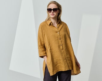 Camicia oversize in lino leggero con chiusura a mezza lunghezza con bottoni, camicia a tunica ampia in lino, top in lino con spalle scese, camicia estiva in lino SUNSET