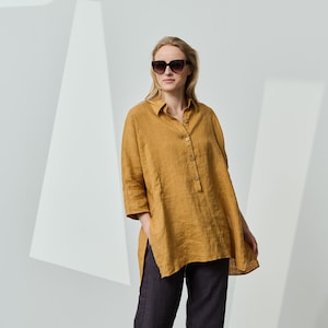 SUNSET Oversize light-linen shirt with half-length button fastening, loose linen tunic shirt, drop-shoulder linen top, summer linen shirt