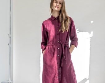 A-line linen dress, linen shirt dress, linen maxi dress with pockets, loose fit kaftan, button-down linen dress, linen tunic dress ALLEY