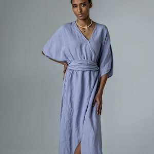 V-neck linen tunic with kimono sleeves, maxi linen dress with elastic waist, fashionable linen dress, long kaftan dress with pockets PREILA