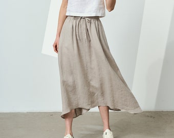 Ruffled linen skirt with elastic waistline, flared linen skirt with pockets, A-line linen skirt, casual linen skirt EQUINOX