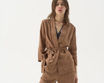 Linen kimono jacket with 3/4 sleeves, fitted linen cardigan, linen jacket women, kimono robe, long linen jacket, linen blazer SENSEI