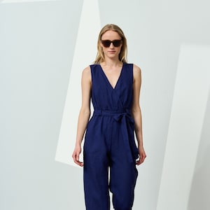 Linen wrap jumpsuit, wide leg overall with pockets, casual jumpsuit, sleeveless linen overall, maxi linen romper, linen jumpsuit women NELI