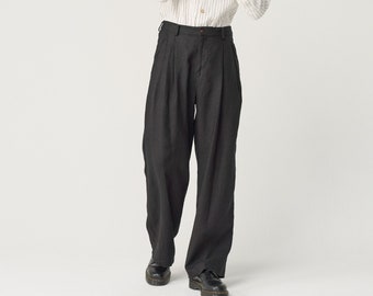 Wide leg linen pants for men, heavy linen trousers with pockets, high waisted pants THEO