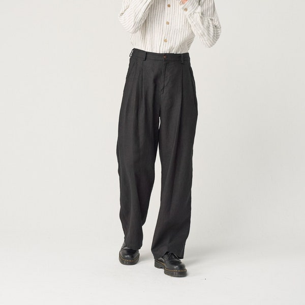 Wide leg linen pants for men, heavy linen trousers with pockets, high waisted pants THEO