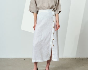 Midi linen skirt with asymmetric buttoning, A-line linen skirt with slit, buttoned linen skirt, fashionable linen skirt DAYLIGHT
