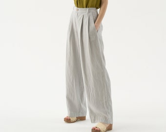 Wide leg linen pants with pockets, high waisted palazzo pants for women, pleated linen trousers MUSCAT