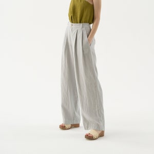 Wide leg linen pants with pockets, high waisted palazzo pants for women, pleated linen trousers MUSCAT image 1